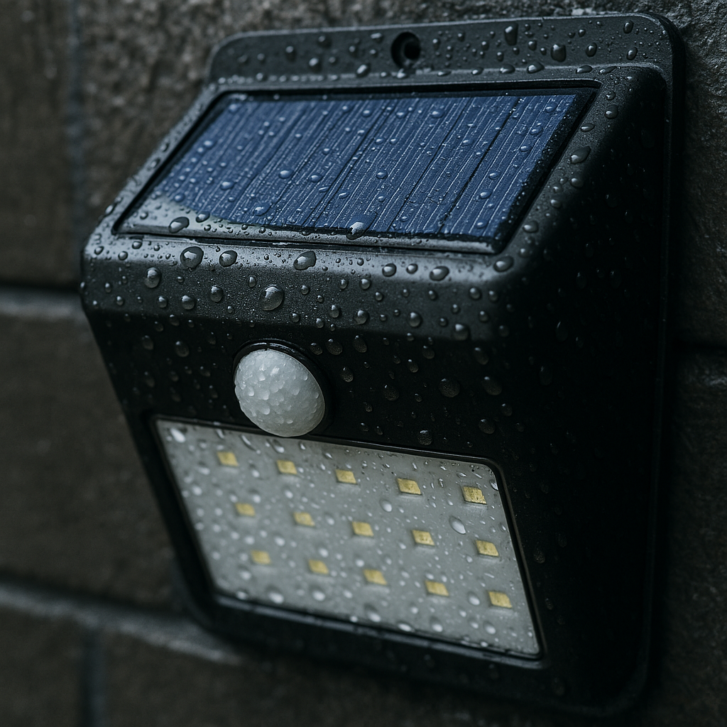 Close-up of a solar panel and motion sensor on an outdoor light, glistening with UK rain droplets. Alt: Solar motion sensor light UK panel protected from rain.