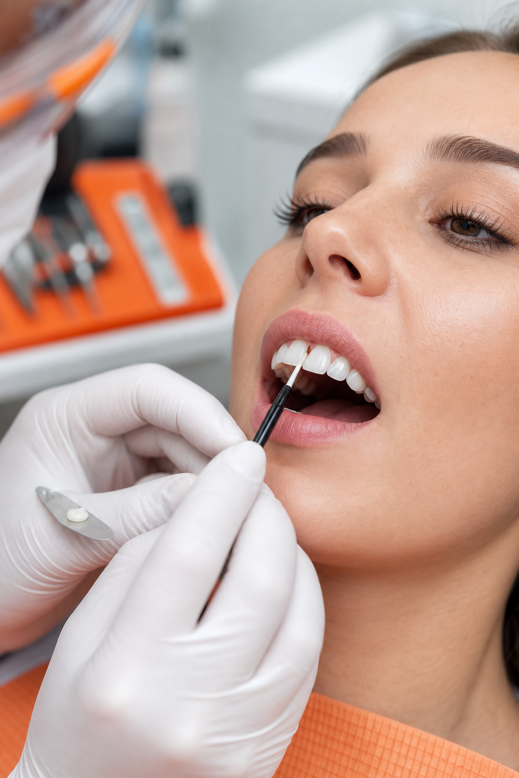 A descriptive prompt for an AI image generator in Realism style: A photorealistic close‑up of a dentist applying a tooth bonding material on a chipped front tooth in a modern clinic. Alt: Bonding close‑up
