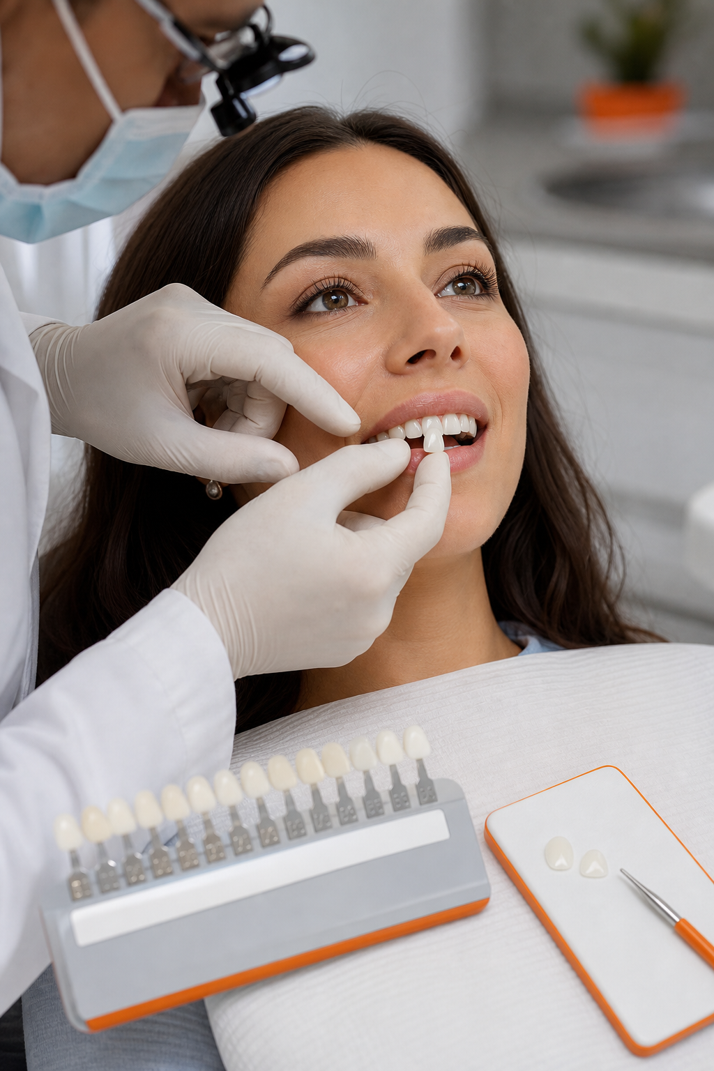 A descriptive prompt for an AI image generator in Realism style: A dentist places a porcelain veneer on a patient’s front tooth, with shade-matching tools in view. Alt: Veneer placement