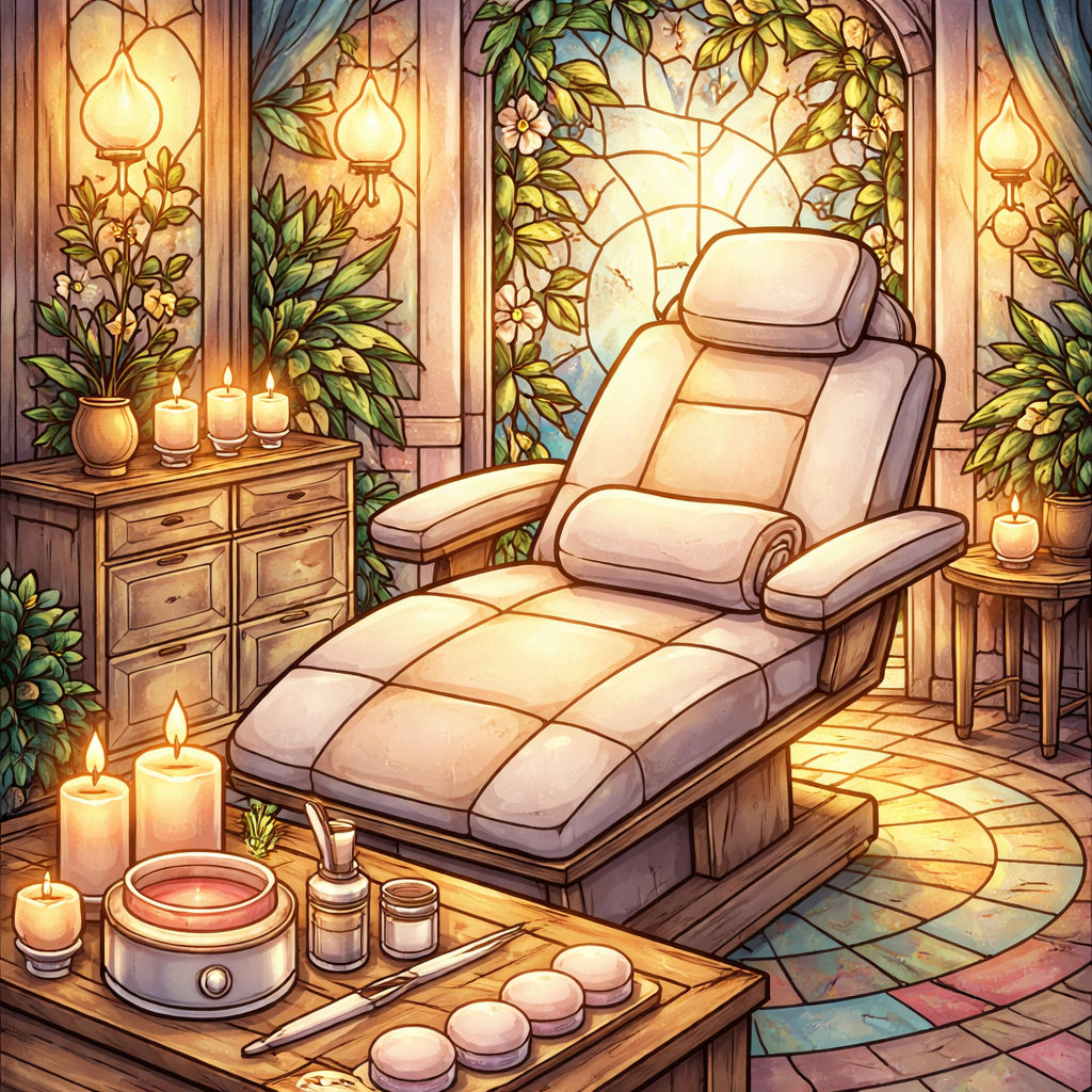 A stained glass style illustration of a calm spa interior with a comfortable treatment chair, soft lighting, and a stylized brow waxing tool on a side table. Alt: serene spa setting for brow waxing services.