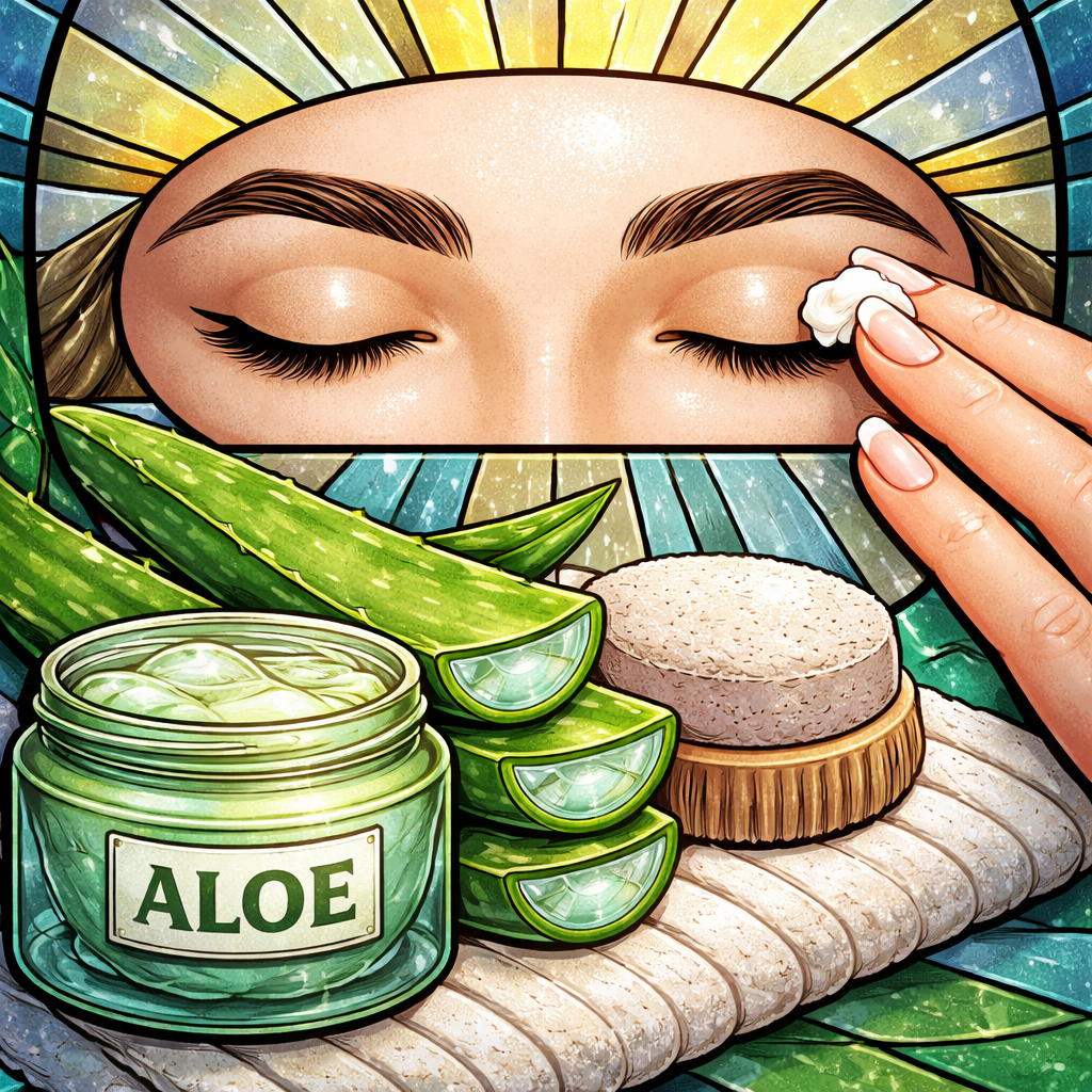 A stained glass style scene showing a close‑up of smooth brows, a soothing aloe jar, and a gentle hand applying after‑care cream. Alt: post‑wax after‑care routine with aloe and exfoliation.