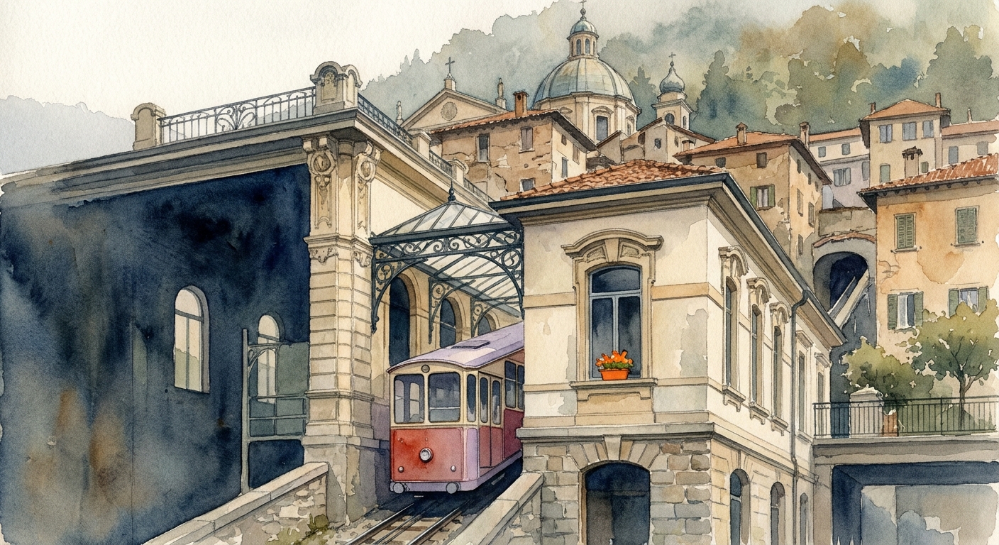 A watercolor scene of the lower funicular station in Como with a red and lilac car waiting on the inclined track, the old town rooftops behind. Alt: Como-Brunate funicular lower station and car ready to climb.