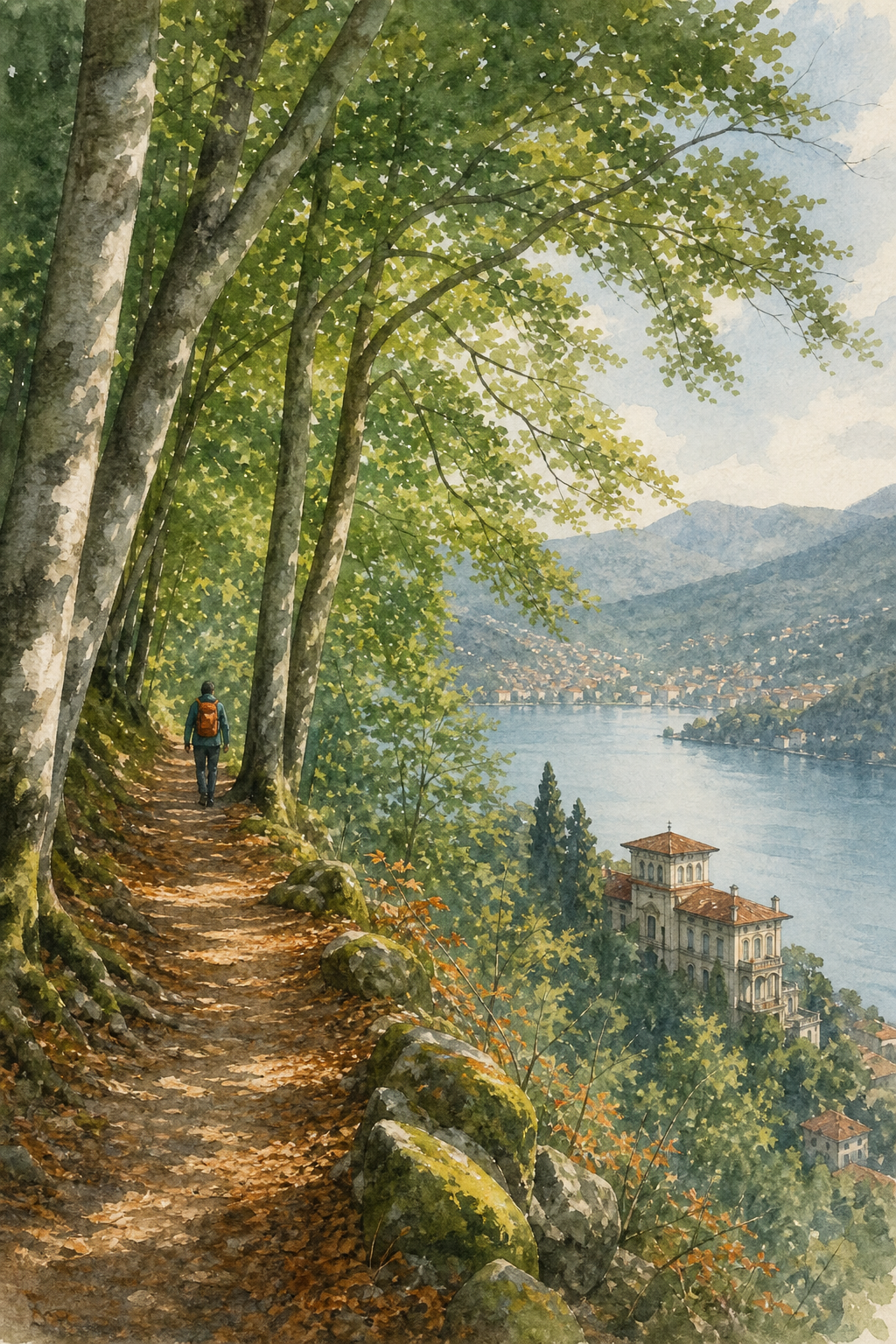 Watercolor scene of a winding forest trail lined with beech trees, a hiker in the distance, soft green tones, Alt: Brunate beech forest hiking path