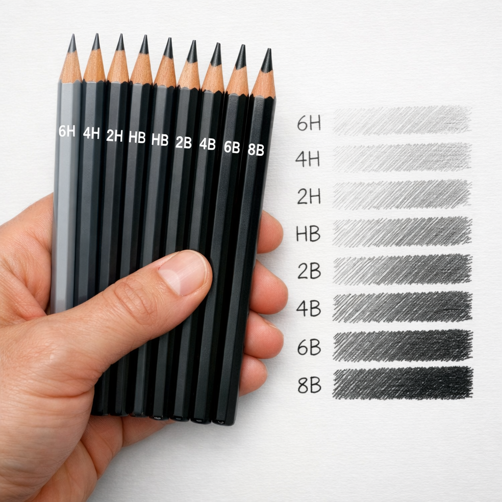 A realistic close‑up of a hand holding a set of graphite pencils arranged by hardness grades, showing light to dark marks on paper. Alt: graphite pencil hardness range illustration