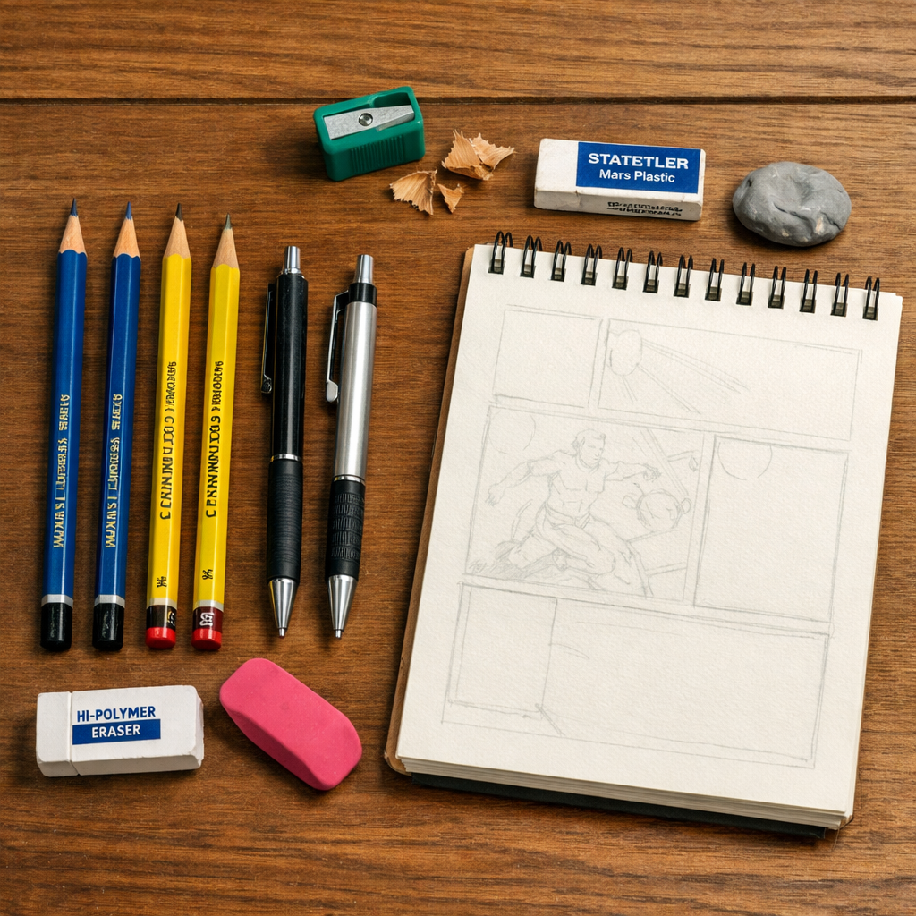 A realistic layout of a comic artist’s budget pencil kit on a wooden desk, showing pencils, erasers, sharpener, and a sketchbook. Alt: budget comic pencil kit arrangement
