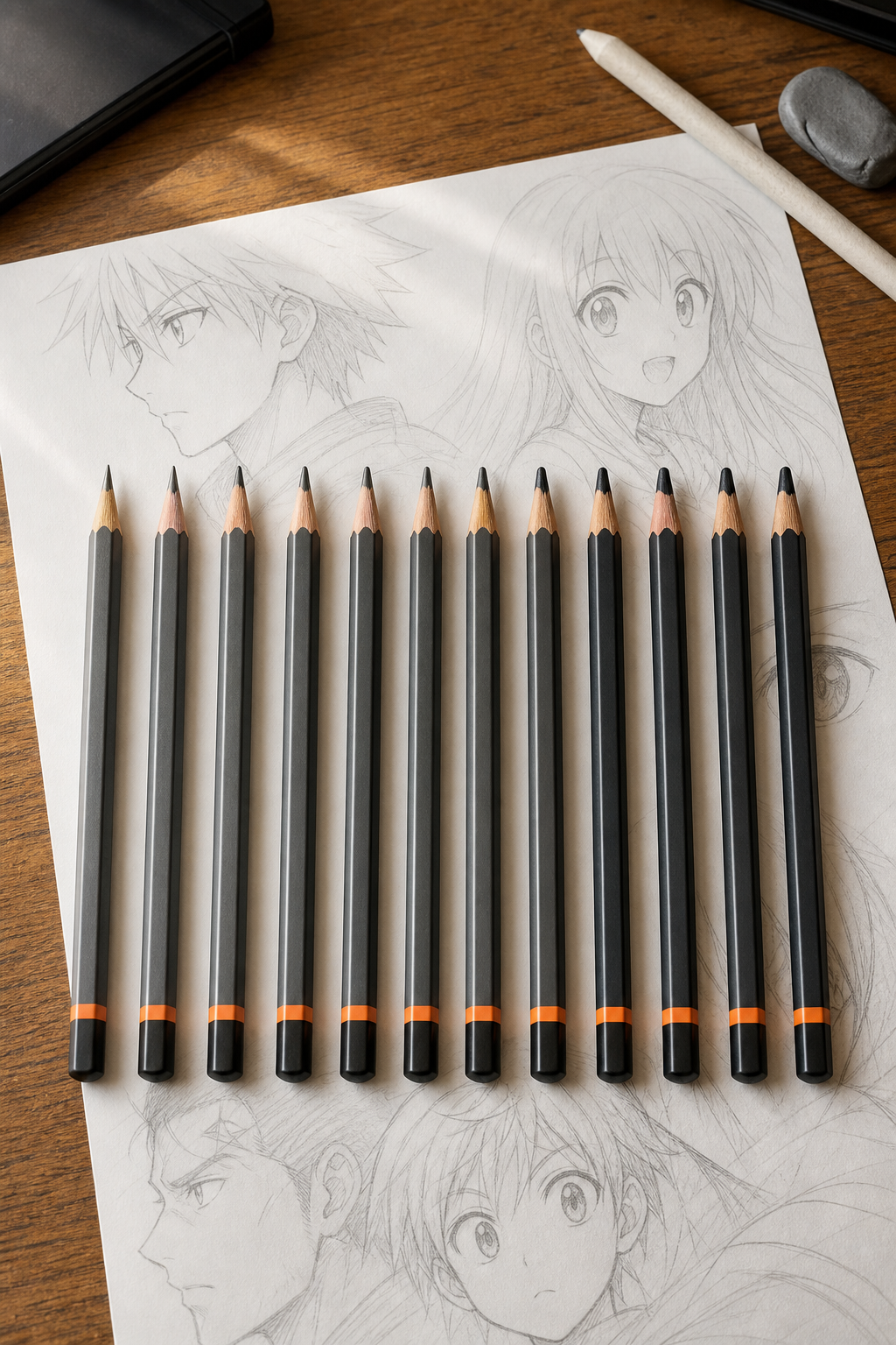 A flat-lay photograph on a wooden desk showing a row of graphite pencils arranged by hardness grade from 4H to 6B, with faint manga character sketches visible on paper beneath them, warm natural light, brand labels blurred. Alt: pencil grades for manga artists arranged from hard to soft on a drawing desk.