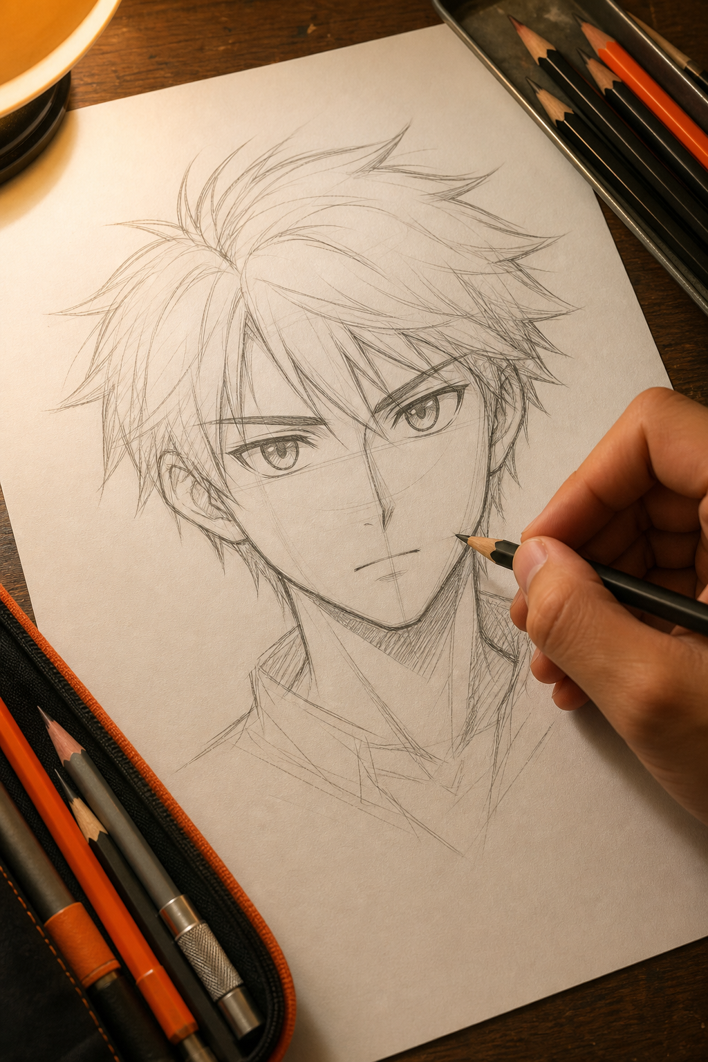 A close-up photograph of an artist's hand sketching a manga character face on white cartridge paper with a graphite pencil, showing light construction lines and darker final lines, warm desk lamp lighting, natural composition. Alt: artist using budget graphite pencils to sketch manga character with visible construction lines and shading.