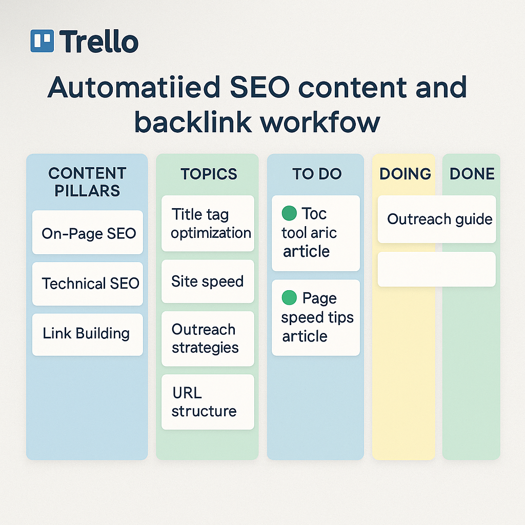 A clean Trello board showing content pillars, topics, and status columns. Alt: visual map for automated SEO content and backlink workflow