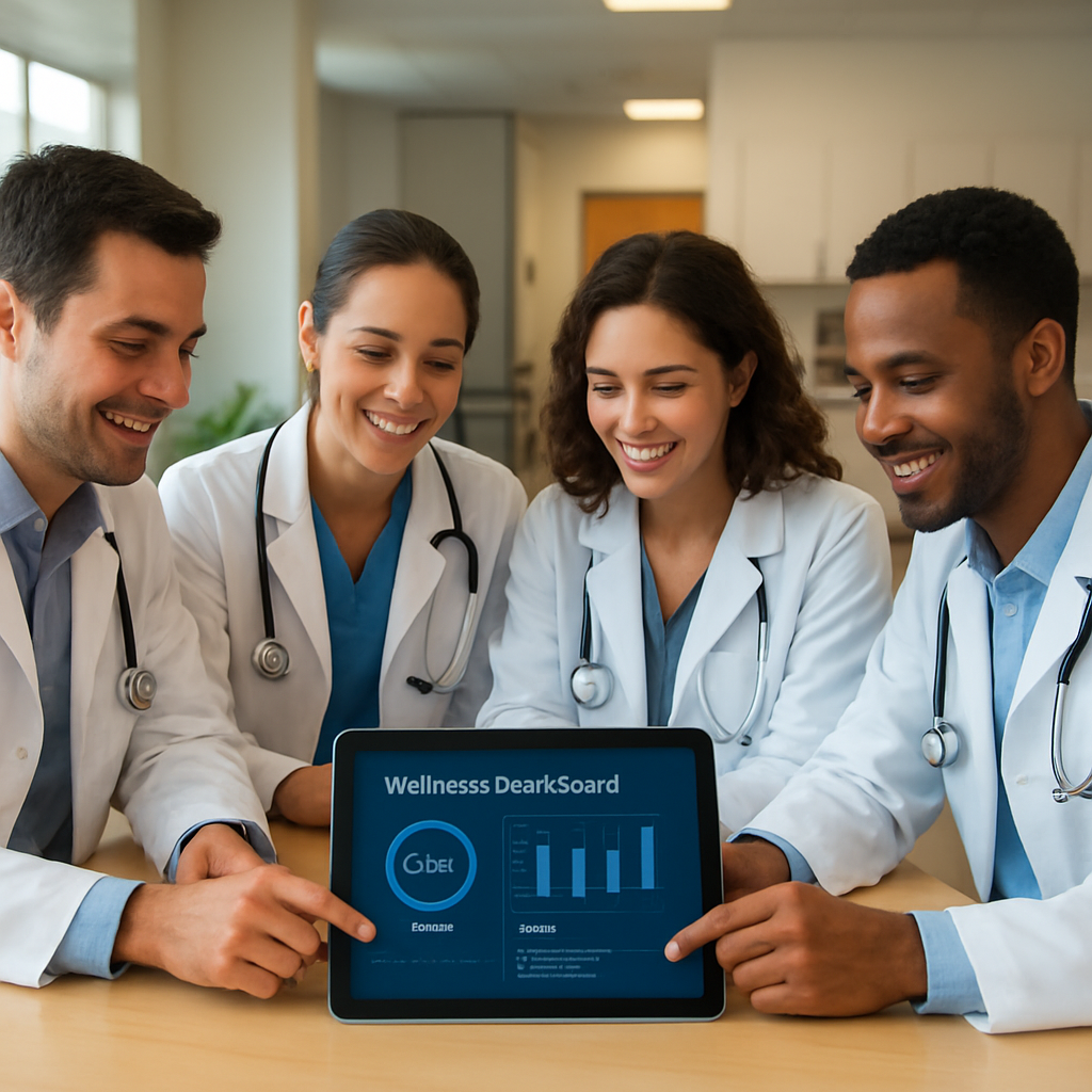 A bright, modern hospital break room with a small group of doctors gathered around a tablet displaying a wellness dashboard. Alt: physician wellness program dashboard in a hospital setting