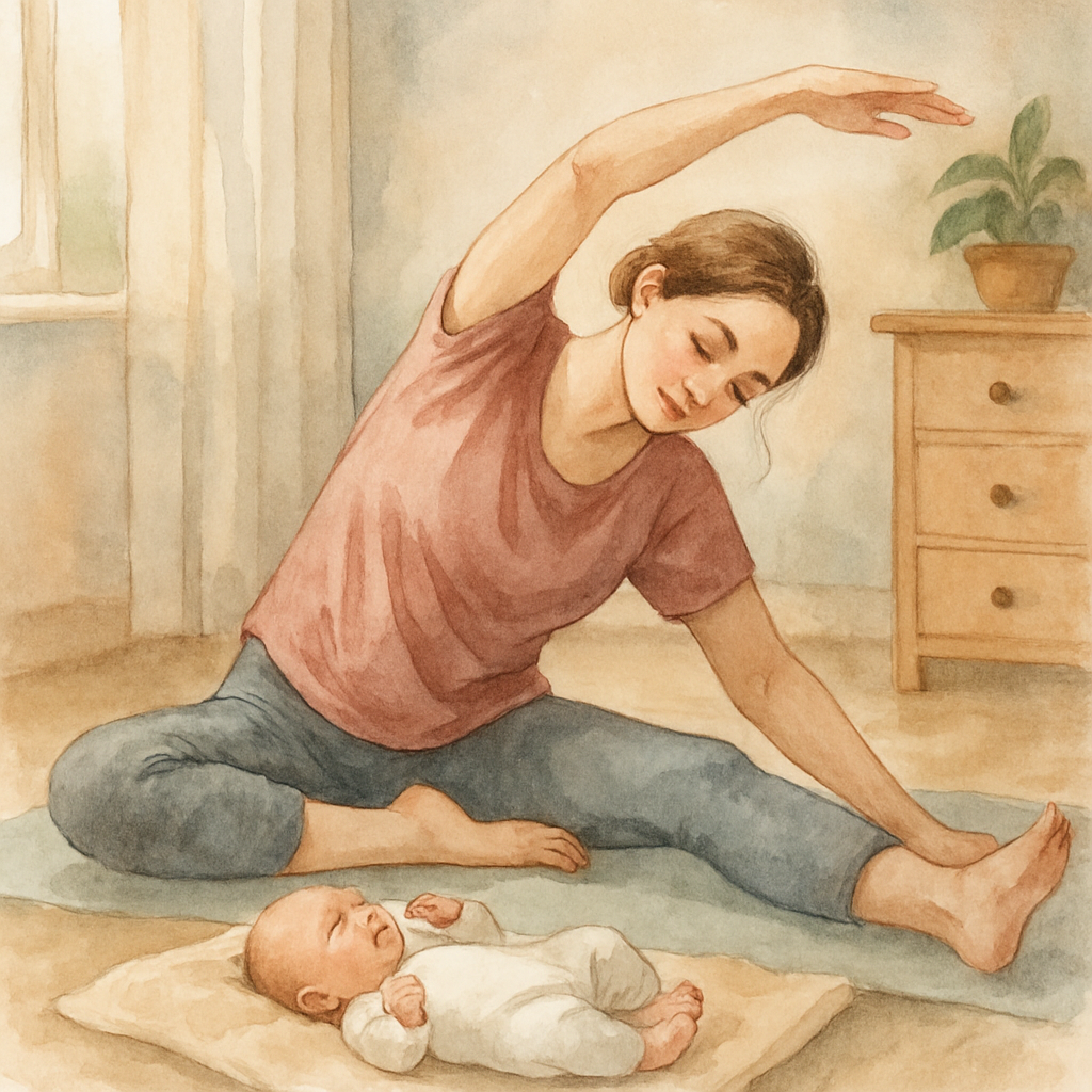 A new mother gently stretching at home with her newborn resting nearby. Alt: Postpartum workout plan gentle start with medical clearance and realistic goals.