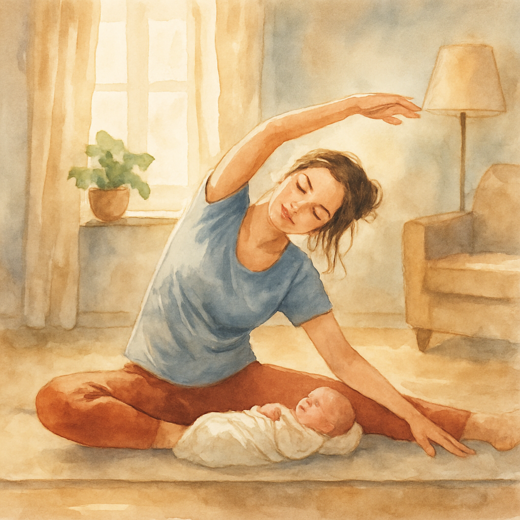 A peaceful new mother practicing gentle postpartum yoga stretches in a cozy, sunlit room. Alt: Mother doing postpartum yoga stretches to improve flexibility and mind-body connection in a postpartum workout plan.