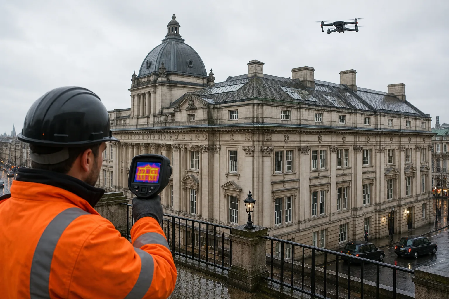 Thermal imaging survey of a building envelope showing roof and façade heat loss.