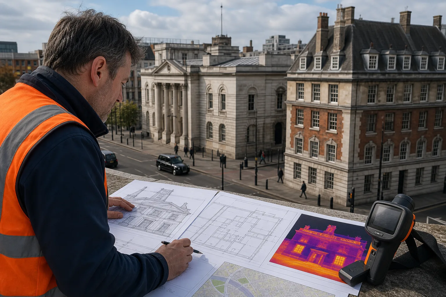 building envelope thermal assessment planning with survey drawings and thermal camera