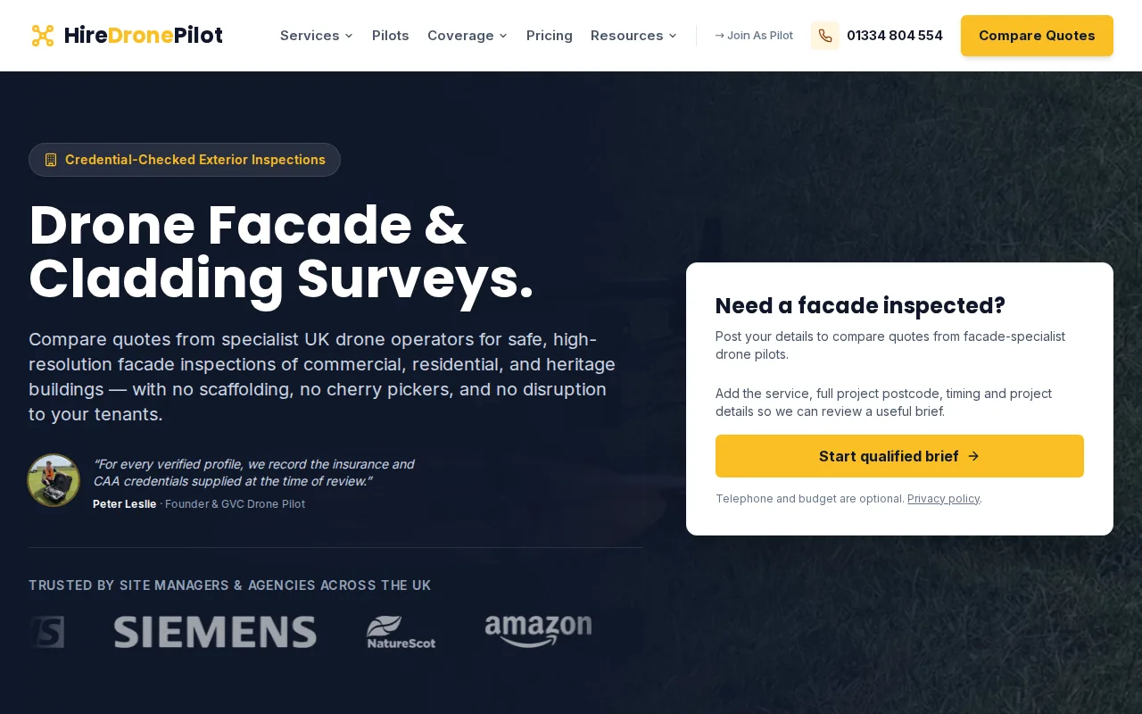 HireDronePilot: visual reference for 2. HireDronePilot – CAA‑Authorised Network for Façade Drone Surveys