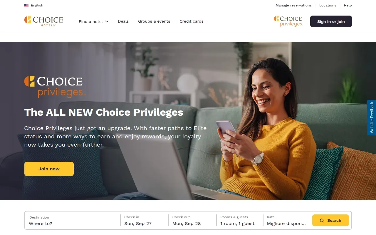 Screenshot of the Choice Privileges website