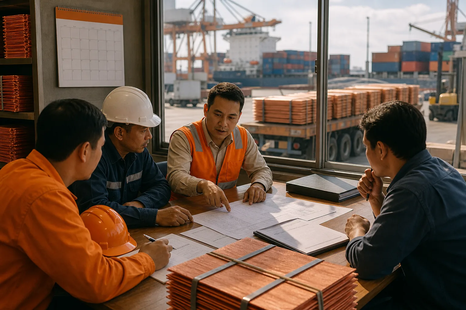 Bulk copper cathode order planning and delivery requirements at a port.
