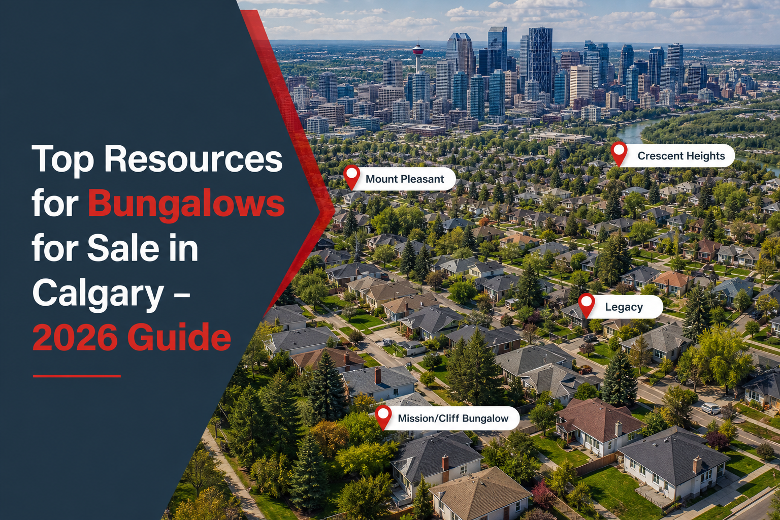 A realistic aerial view of Calgary neighbourhoods highlighting bungalow‑style homes, with markers for Mount Pleasant, Crescent Heights, Legacy, and Mission/Cliff Bungalow. Alt: Calgary bungalow neighbourhood map