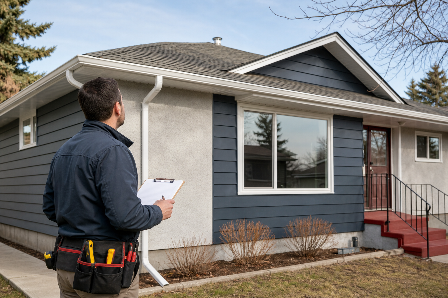 A realistic scene of a home inspector examining a bungalow’s roof and siding, with a clipboard and tools visible. Alt: Calgary bungalow home inspection in progress