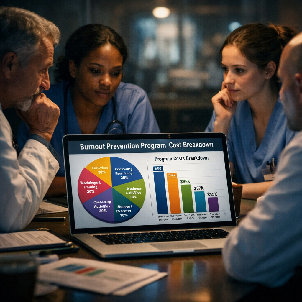 A cinematic style visual of a hospital staff meeting around a laptop, graphs and charts on screen showing cost breakdowns. Alt: burnout prevention program price breakdown illustration