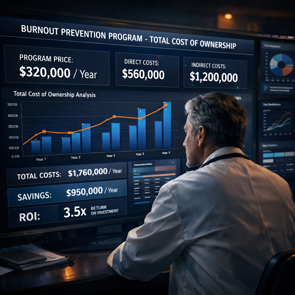 A cinematic style illustration of a doctor looking at a digital dashboard with cost graphs and TCO calculations. Alt: burnout prevention program price total cost of ownership visual
