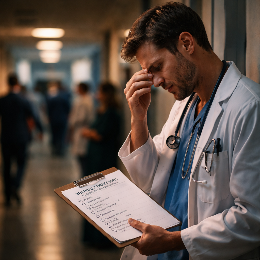 A cinematic scene of a busy hospital hallway, a clinician pausing to reflect, with soft lighting highlighting a notepad. Alt: burnout indicators checklist for clinicians