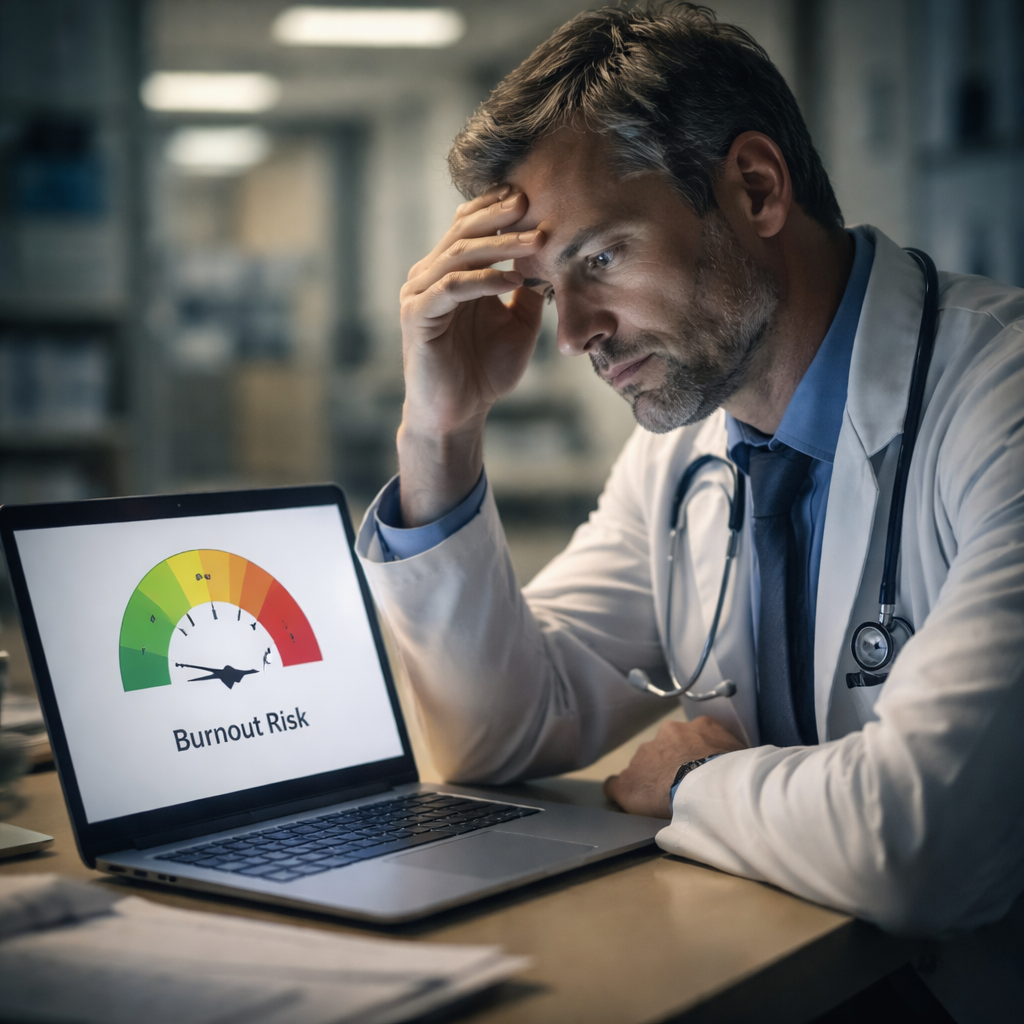 A cinematic, photorealistic scene of a tired physician sitting at a desk, looking at a laptop screen displaying a simple burnout risk gauge, soft hospital lighting, depth of field, showing a subtle red warning zone. Alt: physician reviewing burnout risk calculator results.