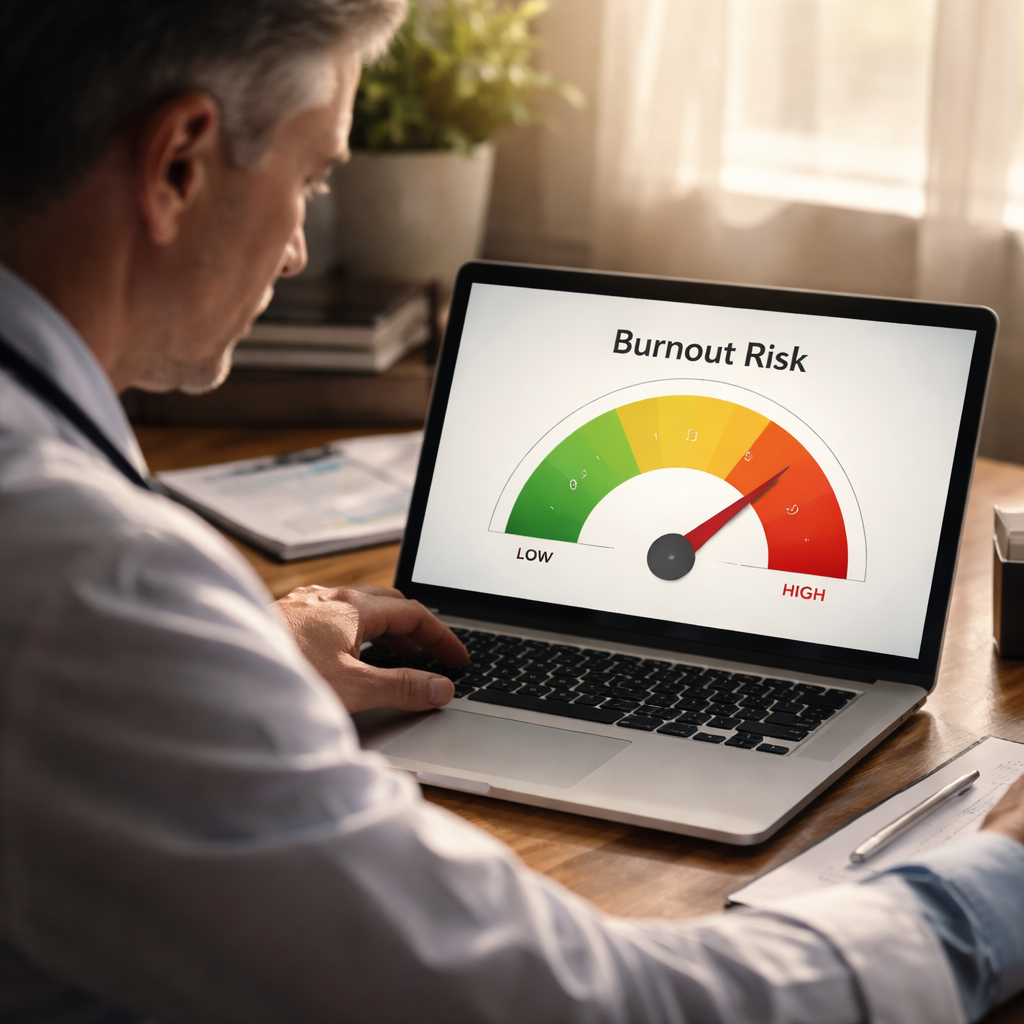 A cinematic scene of a physician sitting at a desk, reviewing a colour‑coded burnout risk gauge on a laptop screen, soft morning light streaming through a window, focus on the red, amber and green sections. Alt: physician interpreting burnout risk calculator results.