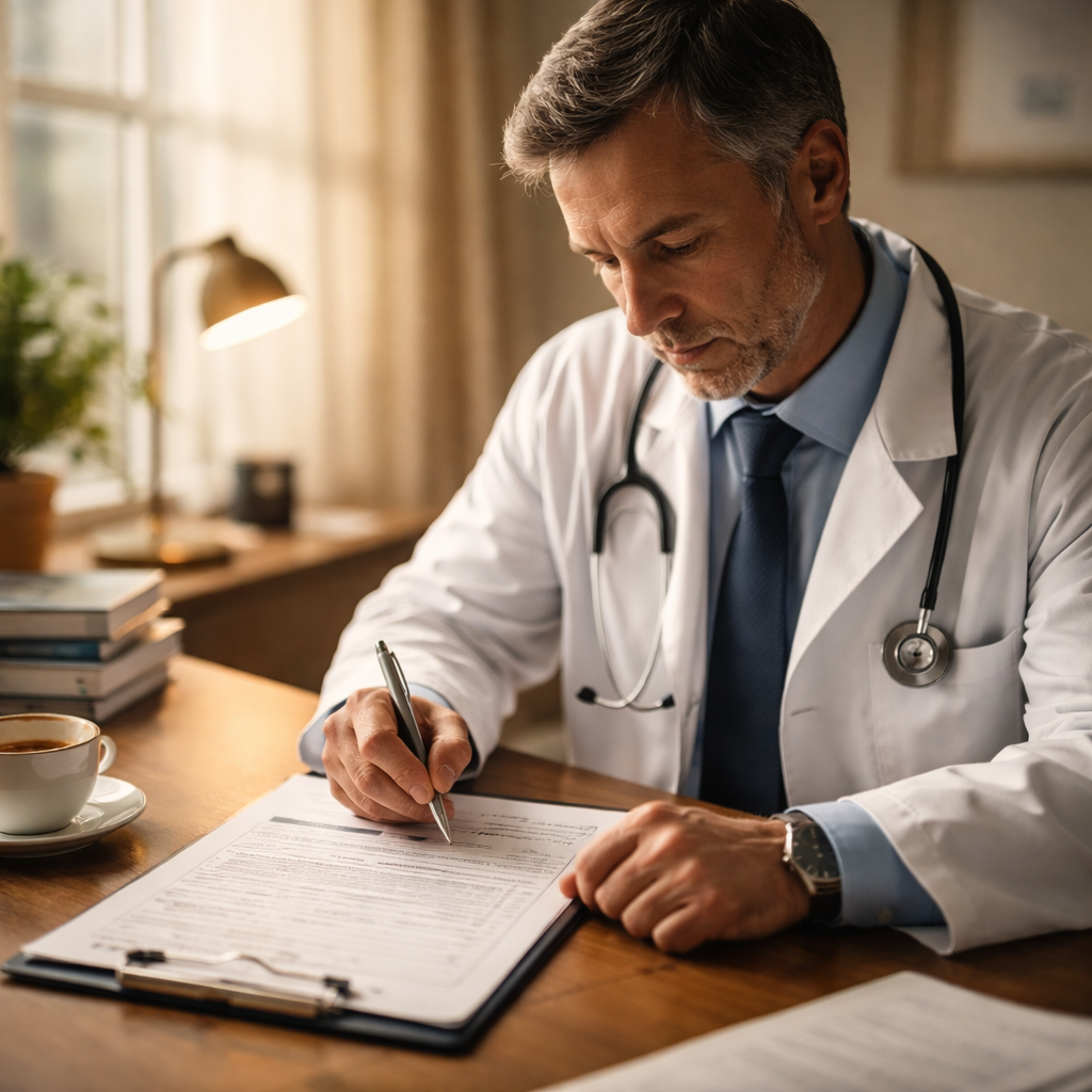 A cinematic scene of a doctor filling out a paper questionnaire in a quiet office, soft natural light, calm atmosphere. Alt: doctor using burnout risk questionnaire for doctors