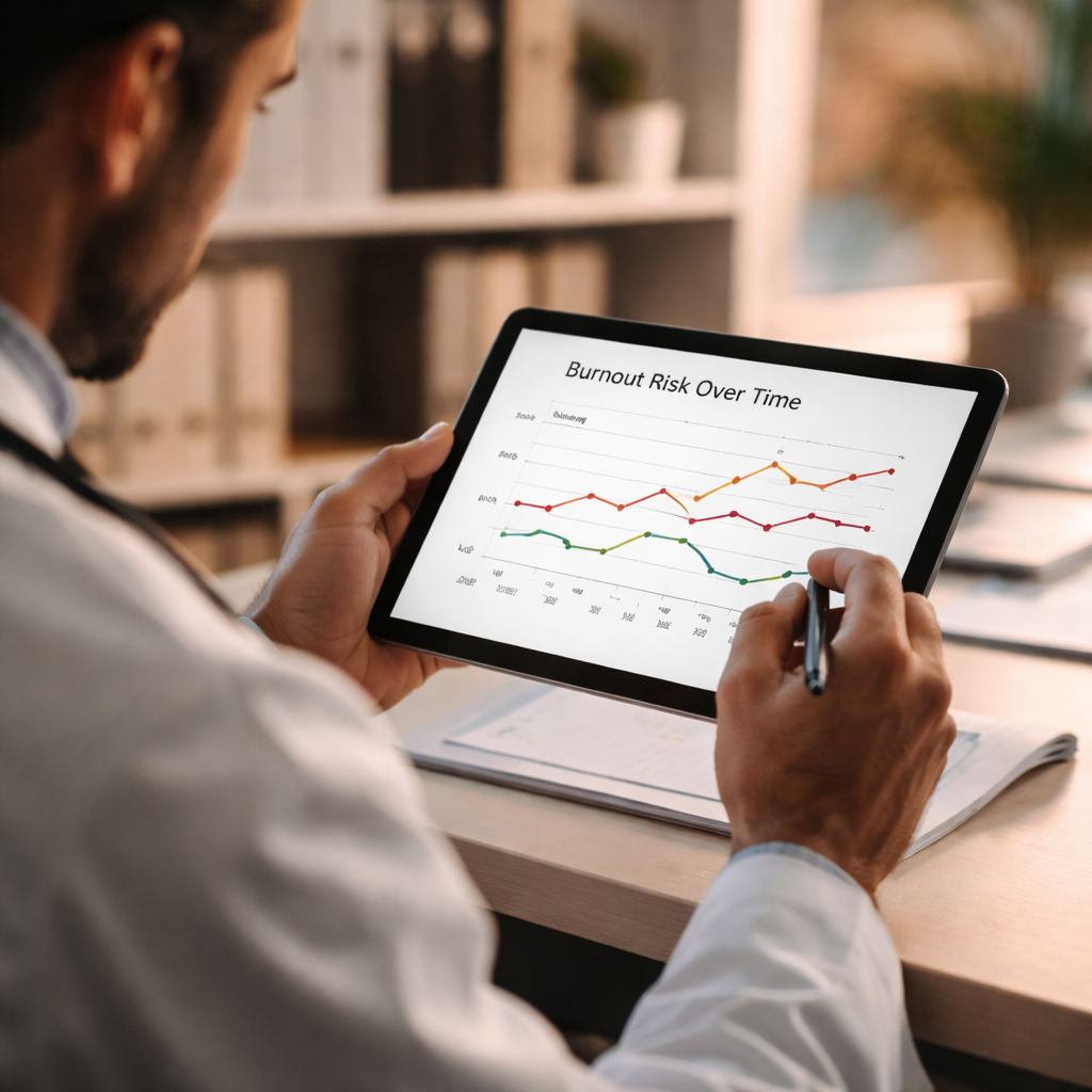 A cinematic view of a doctor reviewing a line graph on a tablet, office background, soft focus. Alt: tracking burnout risk questionnaire for doctors over time