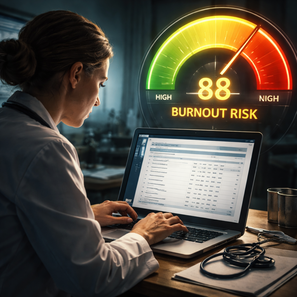 A cinematic style illustration of a clinician entering survey data on a laptop, with a glowing risk meter in the background. Alt: burnout risk score calculator data entry for clinicians