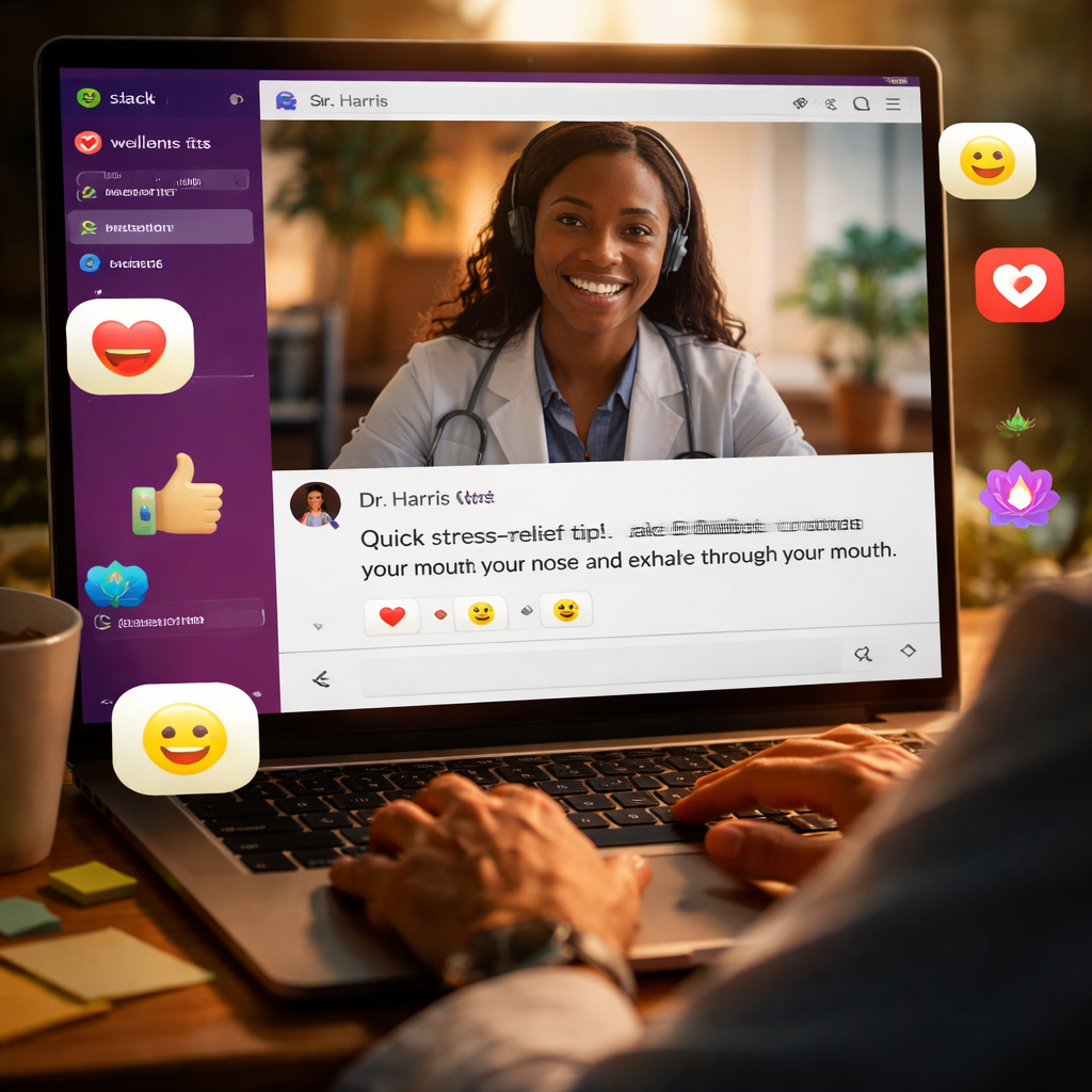 A cinematic style scene of a clinician sharing a stress‑relief tip in a virtual Slack channel, with supportive emojis floating. Alt: targeted interventions for clinicians using a Slack community