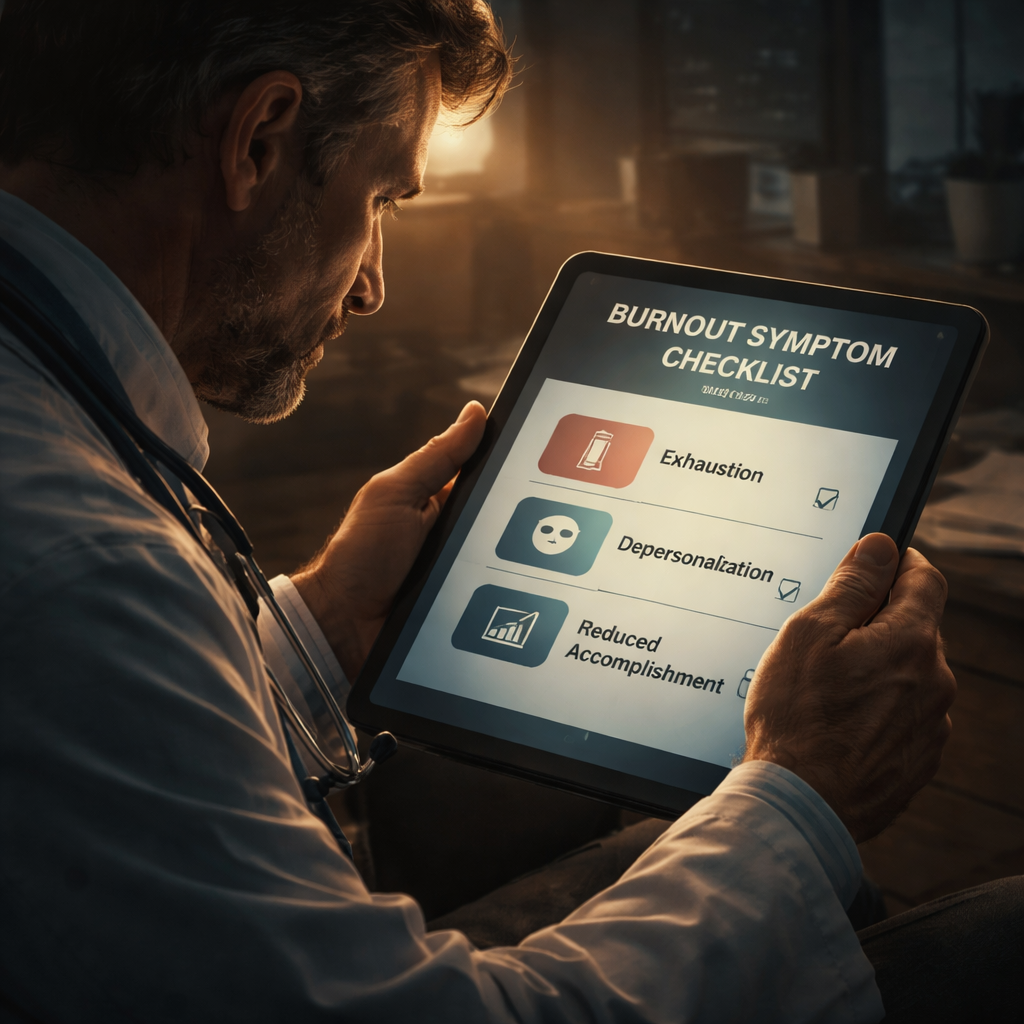 A cinematic style illustration of a doctor reviewing a burnout symptom checklist on a tablet, with icons for exhaustion, depersonalisation, and reduced accomplishment. Alt: burnout symptom checklist for clinicians
