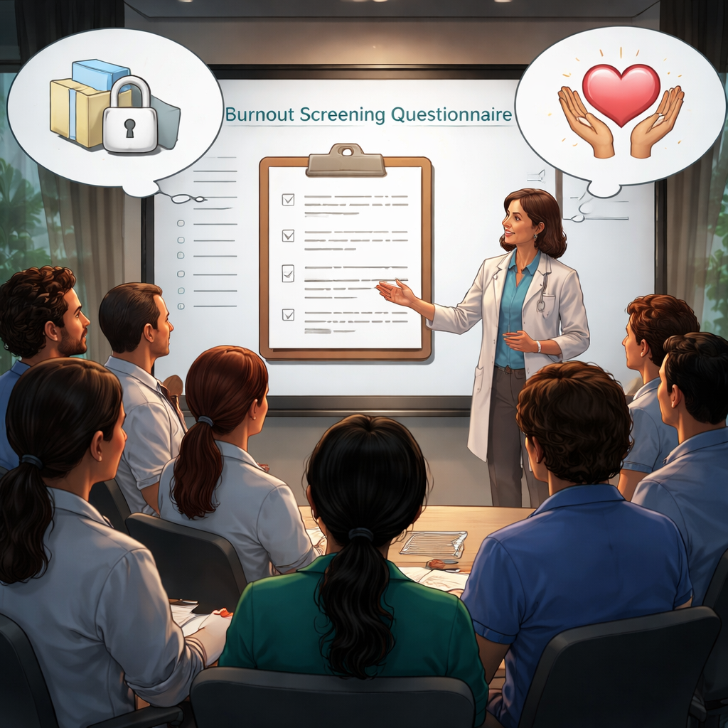 A cinematic illustration of a group training session where clinicians gather around a screen showing a burnout screening questionnaire, with thought bubbles of confidentiality and support. Alt: training clinicians on ethical use of burnout screening tool