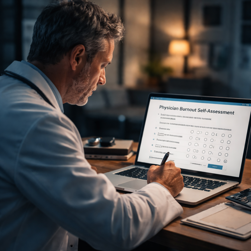 A cinematic scene of a doctor sitting at a desk, laptop open, filling out a burnout questionnaire on screen. Alt: doctor using free burnout self assessment for physicians free