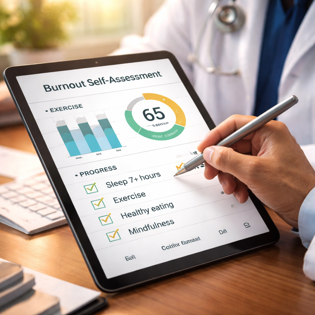 A cinematic illustration of a doctor’s hand filling out a simple dashboard on a tablet, showing scores and habit checkboxes. Alt: doctor tracking burnout self assessment for physicians free progress