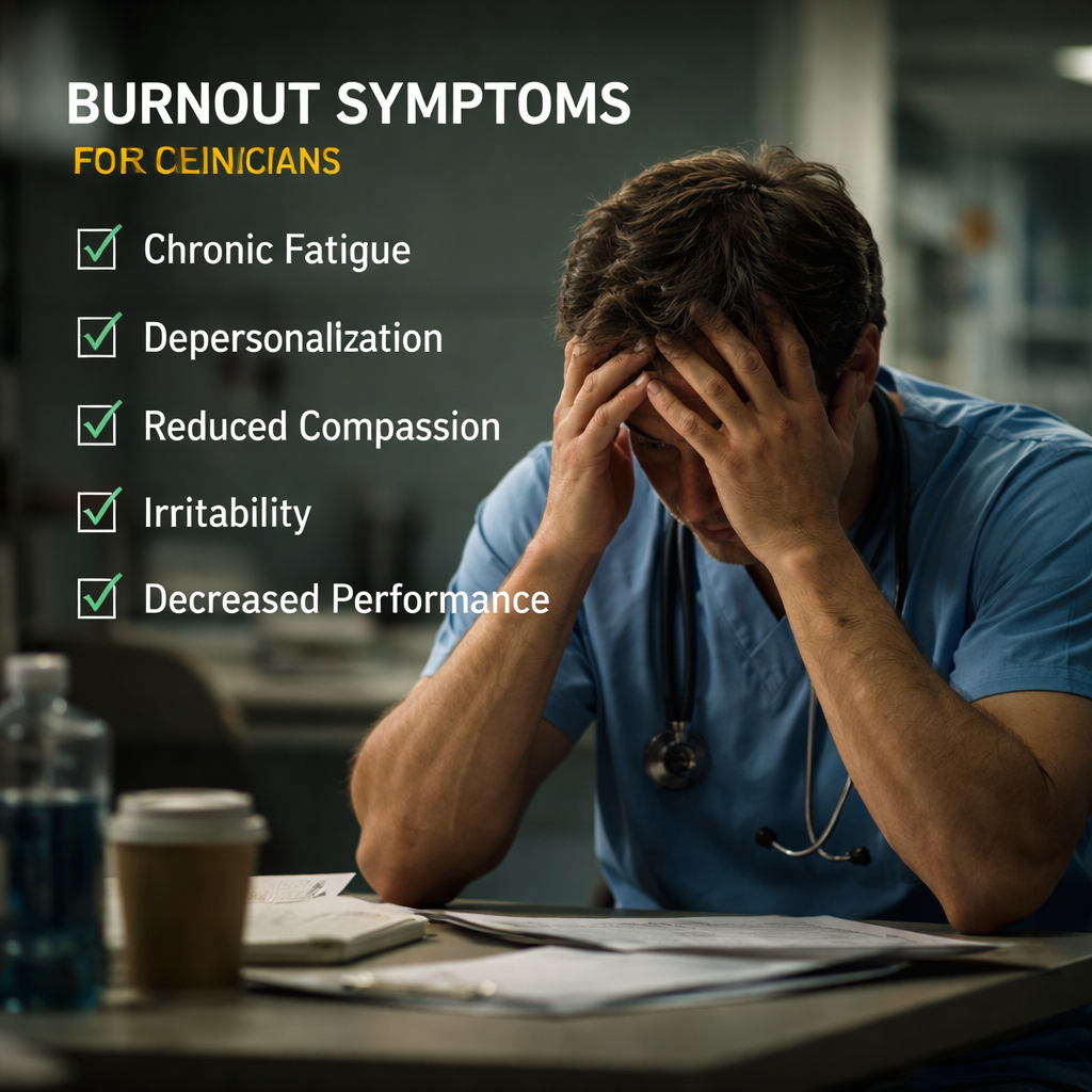 A cinematic style scene showing a tired healthcare professional sitting at a hospital break room desk, head in hands, with a subtle overlay of a checklist of burnout symptoms. Alt: burnout symptoms checklist for clinicians