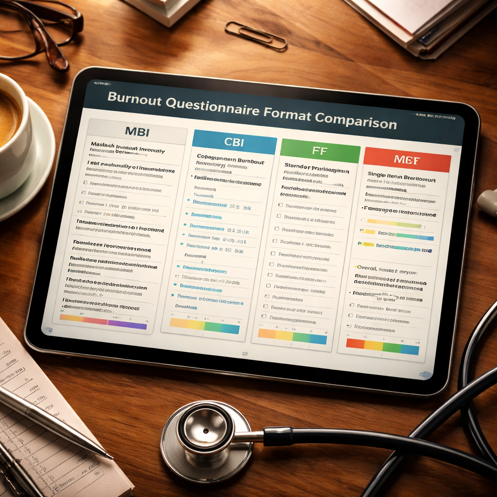 A cinematic illustration of a digital tablet displaying various burnout questionnaire formats side‑by‑side, with a coffee cup and stethoscope nearby. Alt: burnout questionnaire format comparison for clinicians