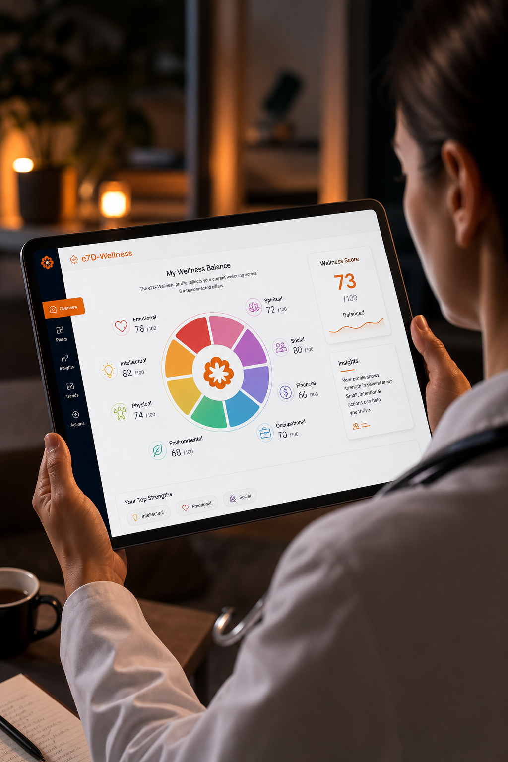 Cinematic shot of a healthcare professional looking at a colorful wellness dashboard on a tablet, with charts showing balance across eight pillars. Alt: <a href="https://www.marisgraph.com" rel="noopener" target="_blank">e7D-Wellness</a> personalized wellbeing profile for HCPs