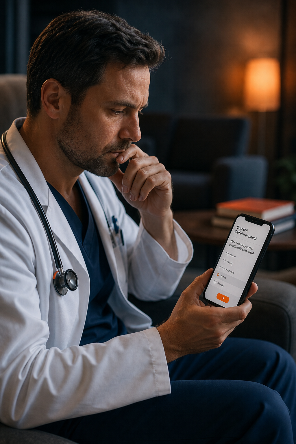 Cinematic shot of a doctor in a white coat sitting alone in a quiet lounge, looking thoughtfully at a smartphone showing a wellness quiz. Alt: Healthcare professional using a burnout self-assessment tool from a leading medical institution