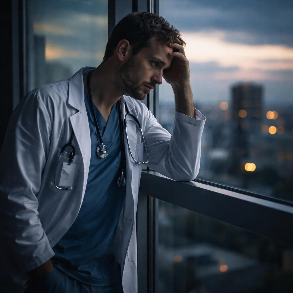 A cinematic style scene of a tired physician looking out a hospital window at dusk, alt: physician early burnout signs visual
