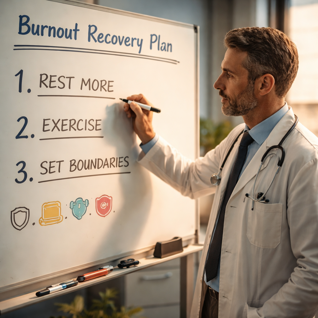 A cinematic style illustration of a doctor writing a simple action plan on a whiteboard, alt: physician personalized burnout recovery plan visual