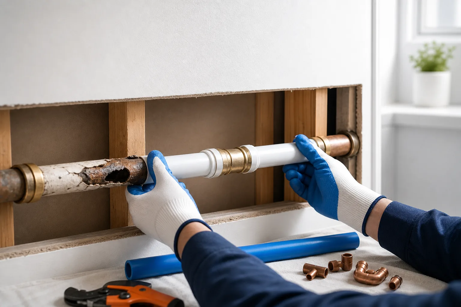 damaged pipe section being replaced after a burst pipe