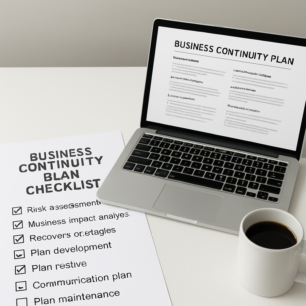 Business continuity plan checklist on a printed document beside a laptop displaying a business continuity plan, with a coffee cup, emphasizing essential steps for SMBs in risk assessment and operational resilience.