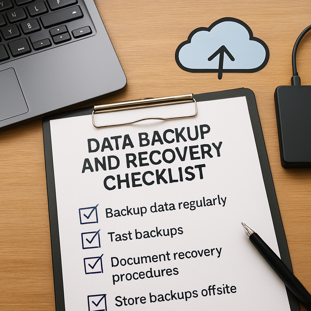 Data backup and recovery checklist on clipboard with action items, laptop, and cloud upload icon, emphasizing essential steps for business continuity planning.