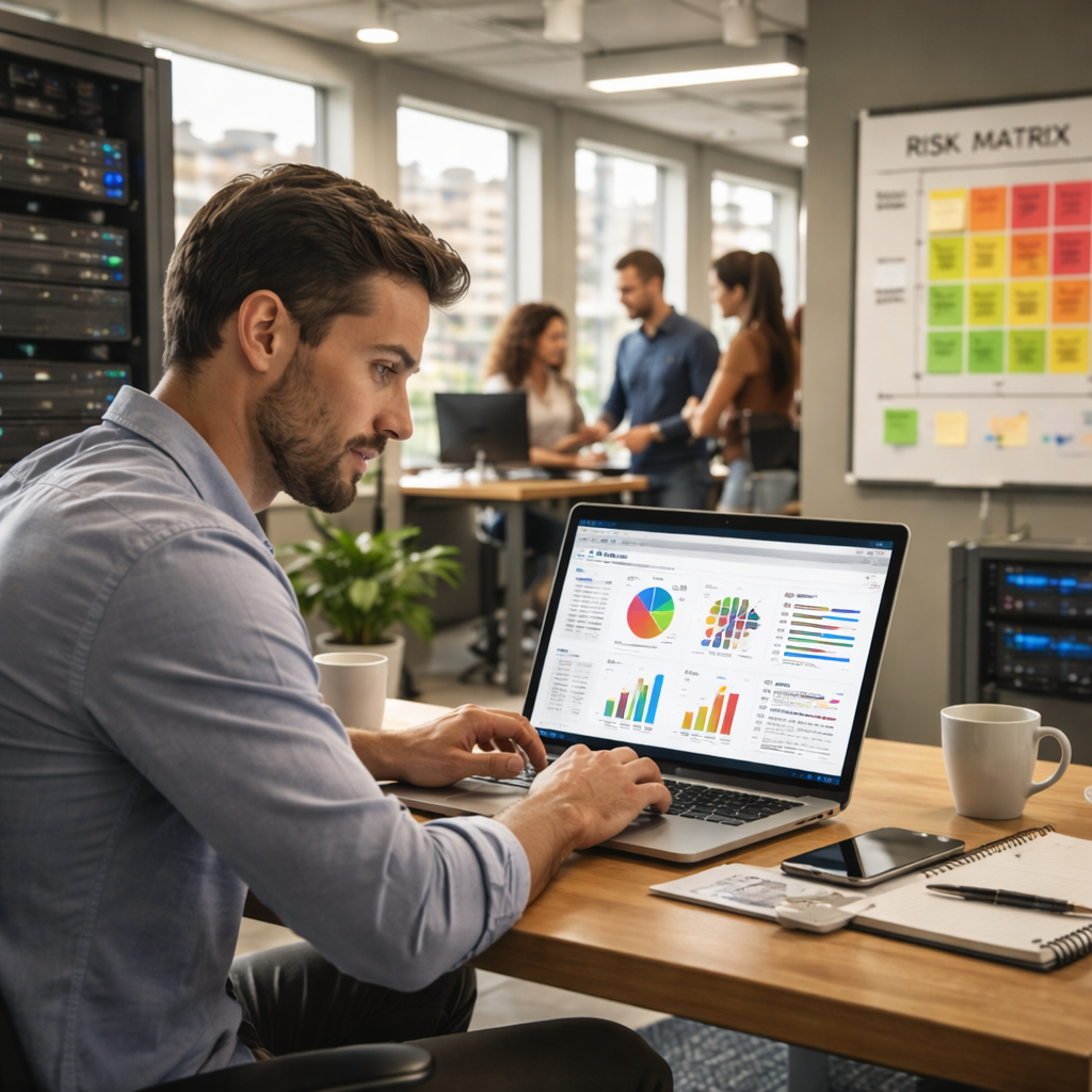 Professional analyzing data on laptop in modern office, with charts and graphs, while colleagues collaborate in background, illustrating IT support for Bay Area SMBs.