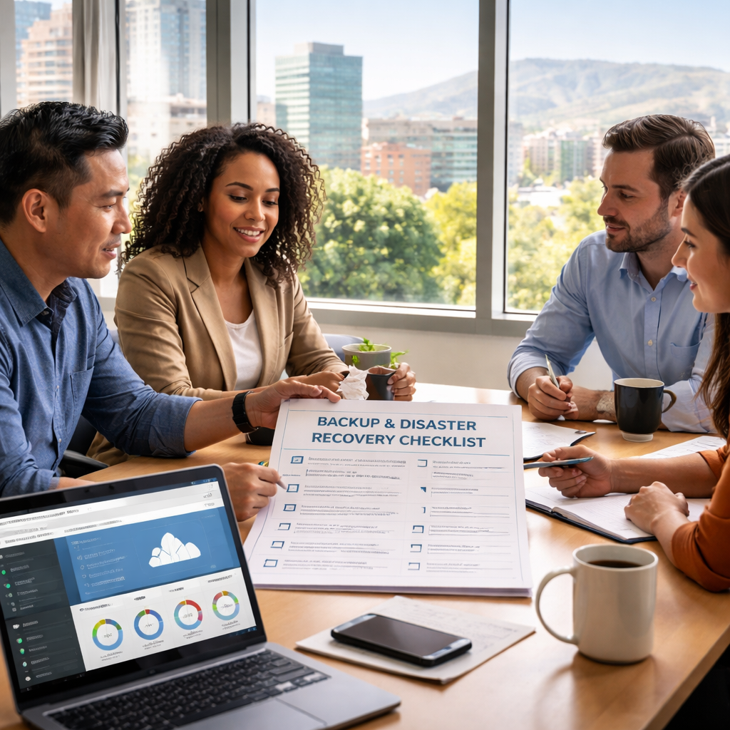 Business meeting with diverse professionals discussing a "Backup & Disaster Recovery Checklist," featuring a laptop displaying data analytics, emphasizing IT support and disaster recovery planning for SMBs in the Bay Area.