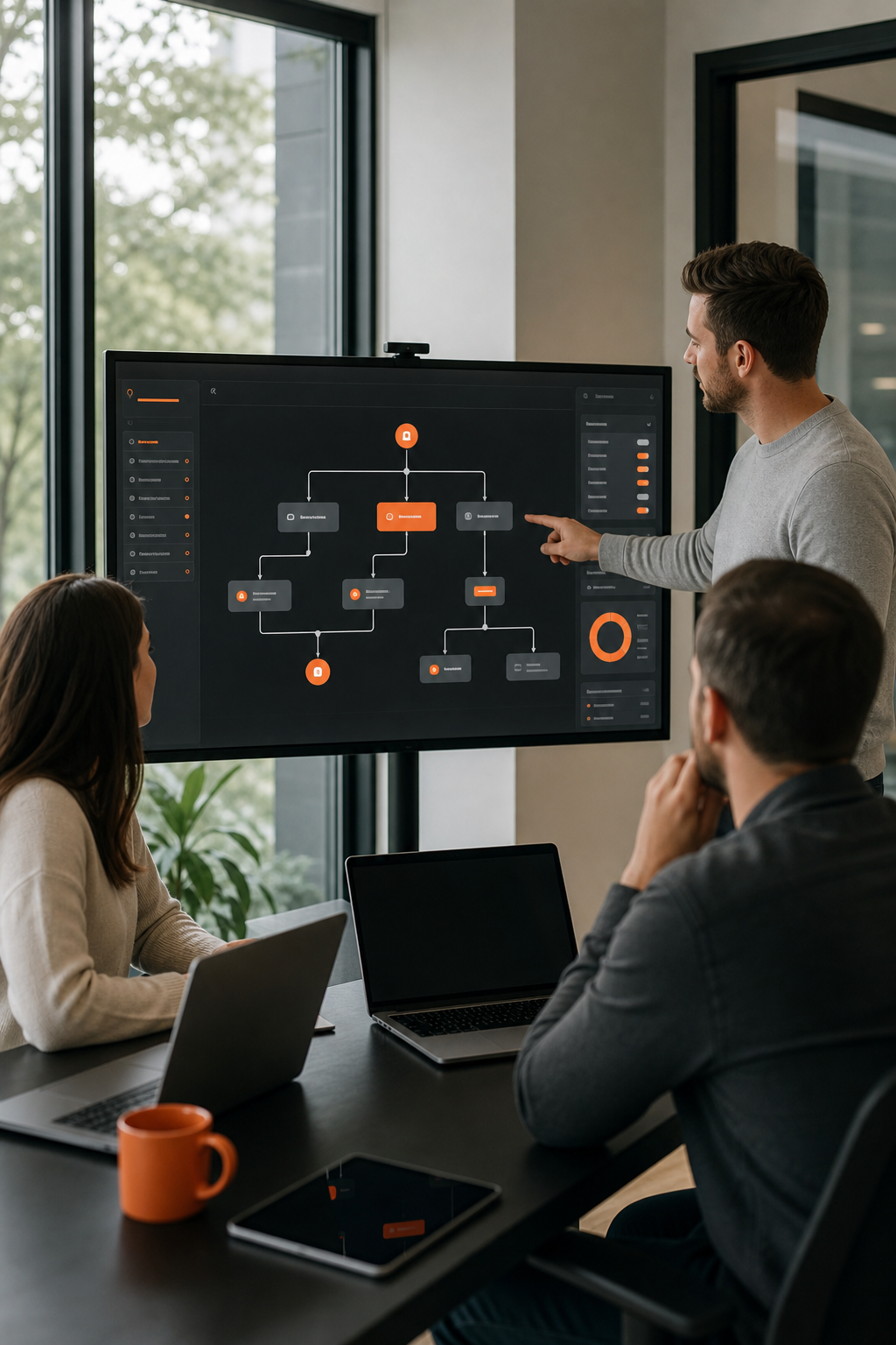 A photorealistic shot of a small business team reviewing an automated workflow dashboard on a large monitor in a bright modern office, with subtle orange accent lighting on the screen. Alt: Lakeway Web Development team building business process automation services for a client.