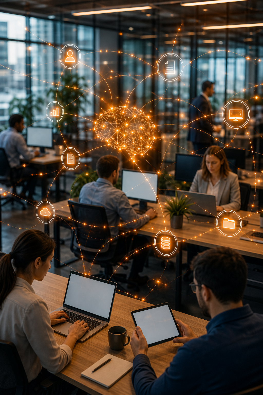 A photorealistic close-up of interconnected glowing nodes and data flows overlaid on a busy office workflow, suggesting AI coordinating multiple automated processes, with warm orange highlights. Alt: AI-driven hyperautomation connecting business process automation services across departments.