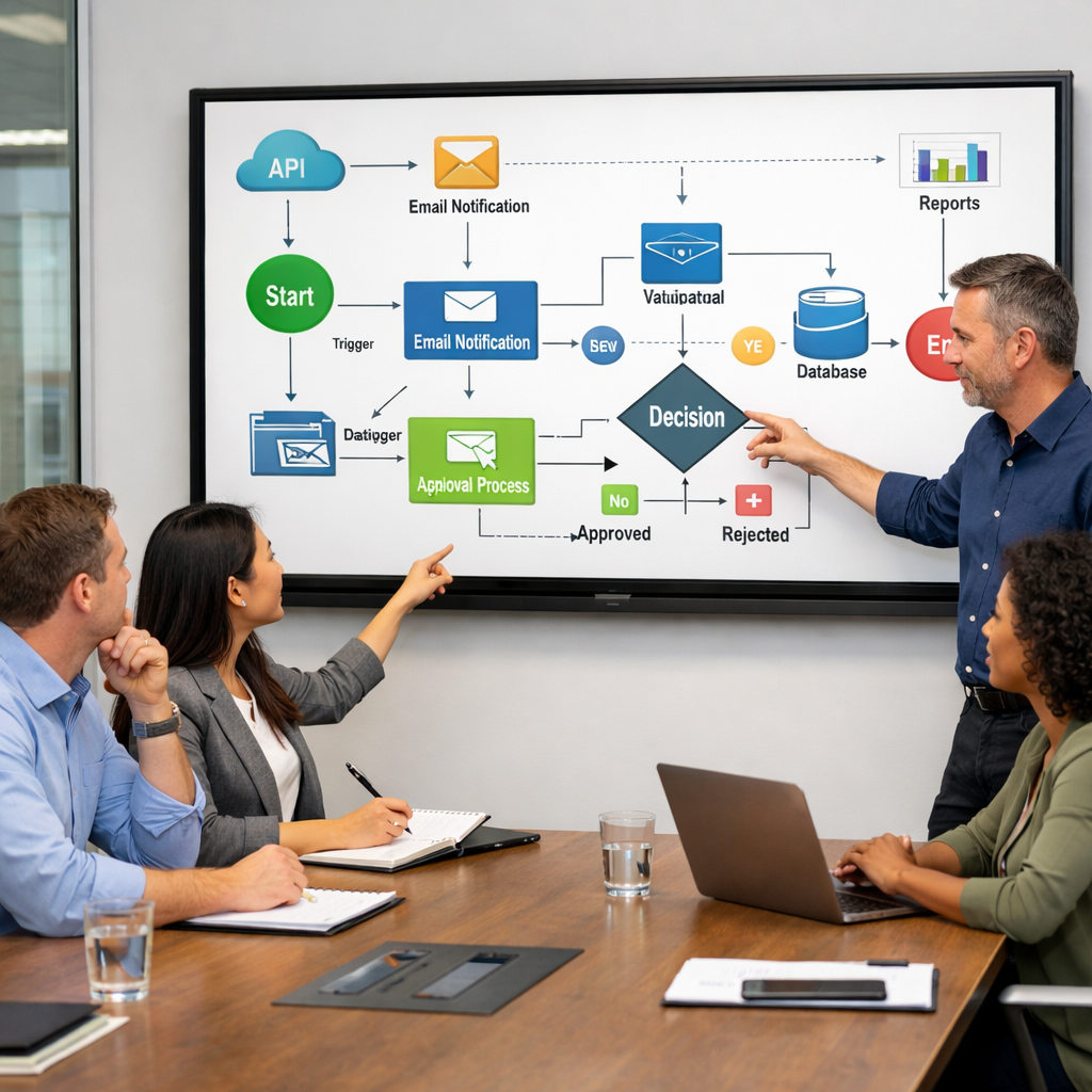 A realistic office scene showing team members reviewing a workflow diagram on a large screen, highlighting collaboration and data flow. Alt: business process automation software workflow mapping visual