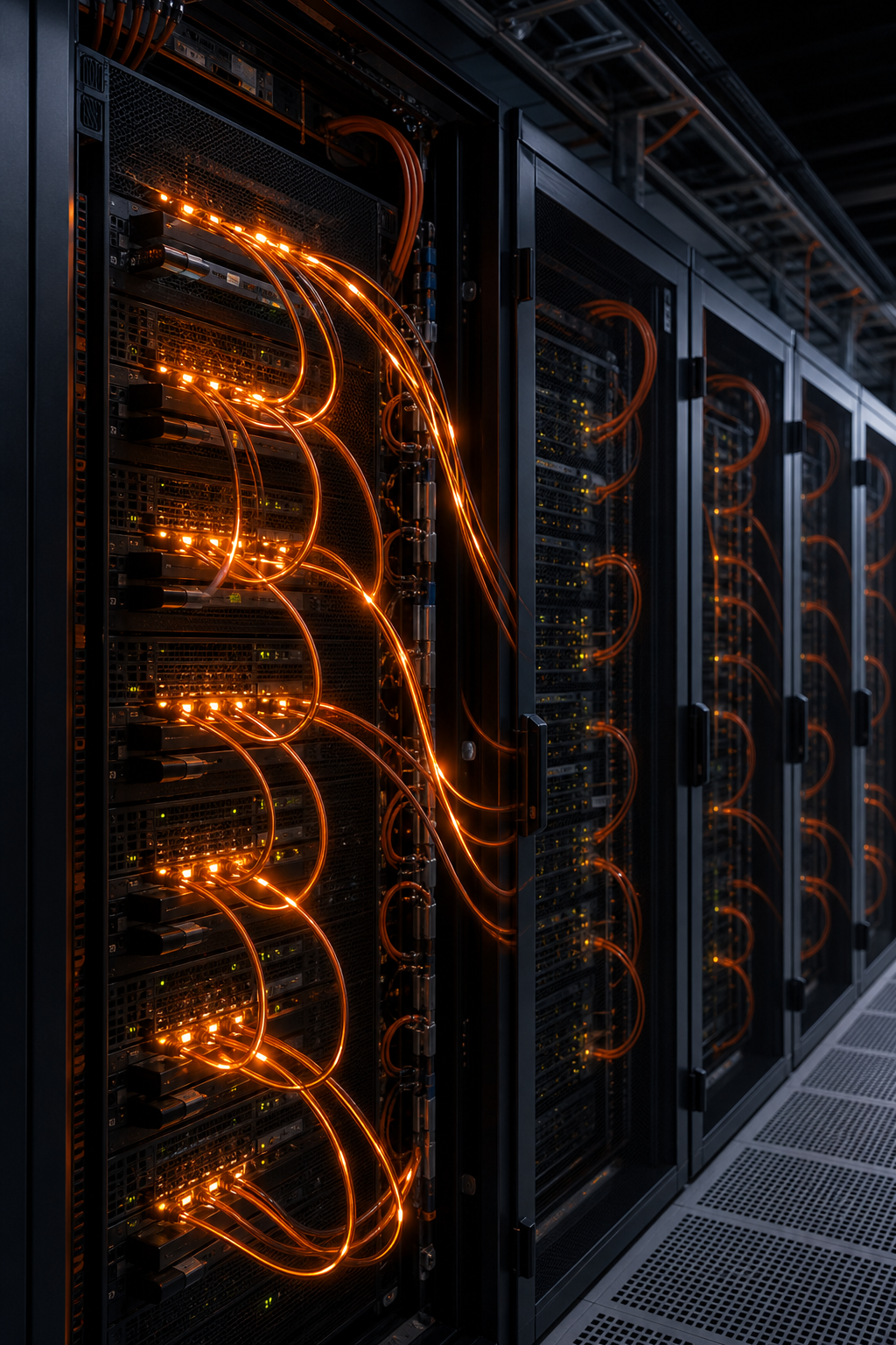 A realistic data center with glowing network cables linking racks of servers, representing enterprise‑grade API integration. Alt: enterprise API‑first integration visual